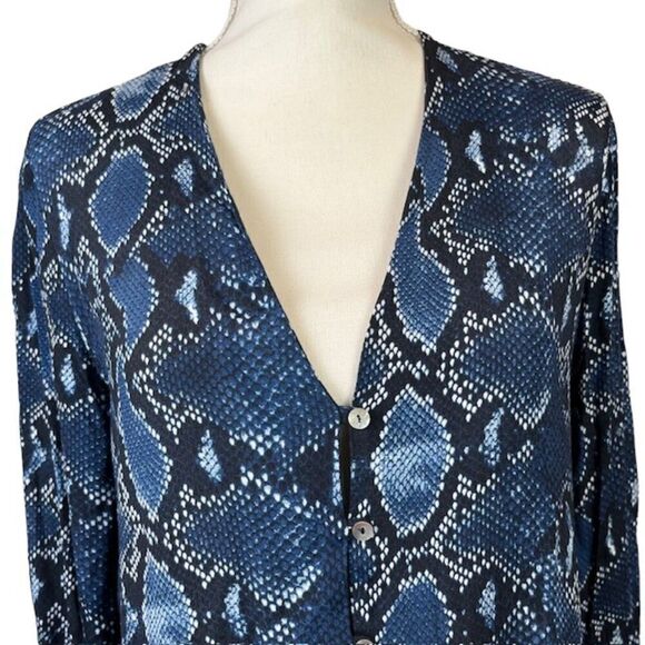 ZARA Dress Drop Waist Snakeskin Print Deep V-neck Button Blue Size Small - Picture 2 of 10